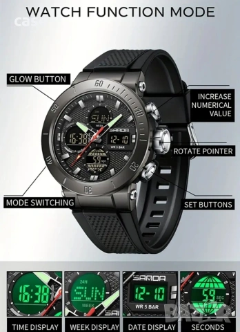 Мъжки часовник Sanda водоустойчив с подсветка и функции , снимка 6 - Мъжки - 53839196