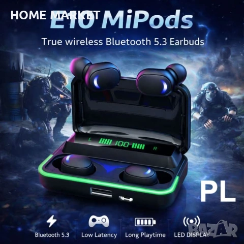 Безжични слушалки E10 МiPods 5.3 с LED дисплей /ED-BJLDP-1010 Описание: E10 MiPods са стилни и мощни, снимка 7 - Слушалки и портативни колонки - 53323905