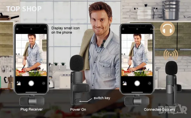 Комплект 2 бр. Lavalier Безжични петлични микрофони iPhone/iPad/Android Type-C/OTG/видео подкаст, снимка 5 - Микрофони - 49308736