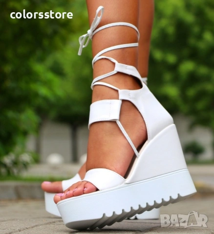 Сандали на платформа - бяла кожа - 312