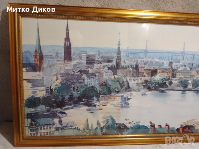Hamburger Michel Landingsbrucken Binnenalsyer акварел подписан 90г панорама 132х58см Злат. рамка ст., снимка 6 - Картини - 55846251