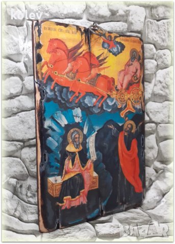 икона "Възнесение на Свети Илия" 30/20 см, репродукция, уникат, дукупаж, снимка 2 - Икони - 34591389