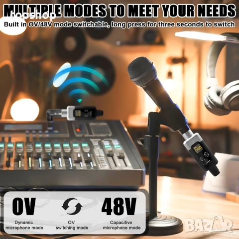 Нов Безжичен микрофонен предавател/приемник, 2.4G 1 към 1 UHF предавател/приемник, 48 V фантомно ..., снимка 6 - Други - 52864415