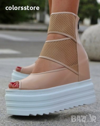 Летни боти на платформа - бежова кожа с бяло ходило - LB70