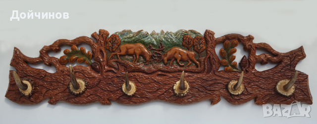Закачалка с дърворезба и еленови рога, снимка 1 - Закачалки - 19525837