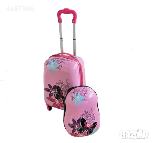 Комплект куфар и раница, За деца, Пеперуди, Розов