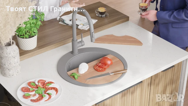 Сива кръгла кухненска мивка от гранит Пиза 45 Top 500 x 500 мм