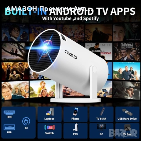 COOLID C2 Мини проектор 4K 1080P/въртящ се на 180°/WiFi 6/Bluetooth 5.4/HDMI/TV Stick/лаптоп, снимка 3 - Плейъри, домашно кино, прожектори - 53280669