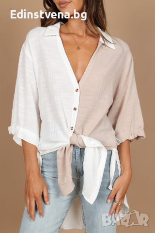 Дамска риза с 'color block' дизайн в бяло и бежово, снимка 1 - Ризи - 44761604