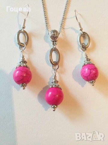 Разкошен комплект обици и колие с розов Тюркоаз и орнаменти цвят сребро , снимка 8 - Бижутерийни комплекти - 41668951