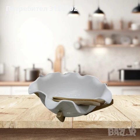 Керамична купа с дървена стойка и прибори за сервиране, снимка 4 - Прибори за хранене, готвене и сервиране - 51420566