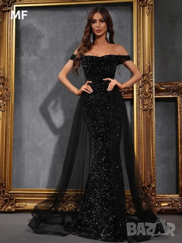 ОФИЦИАЛНА РОКЛЯ С ПАЕТИ И ТЮЛ, снимка 4 - Рокли - 53821066