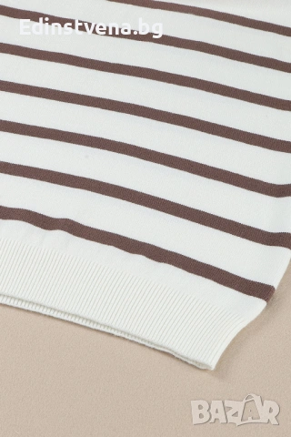 Дамска бяла рокля тип пуловер с кафяви райета и цип, снимка 11 - Рокли - 53081823