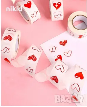 100 бр Сърце червено бяло самозалепващи лепенки стикери за ръчна изработка за подарък Свети Валентин