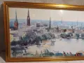 Hamburger Michel Landingsbrucken Binnenalsyer акварел подписан 90г панорама 132х58см Злат. рамка ст., снимка 6