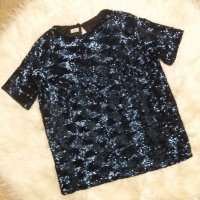УНИКАЛНА блуза цялата в сини и черни пайети , снимка 1 - Тениски - 41881560
