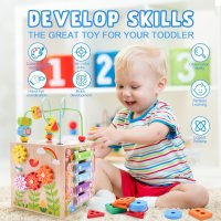 Дървен куб за сортиране и подреждане, образователна играчка  за малки деца 1+ години, синьо, снимка 5 - Образователни игри - 44500274