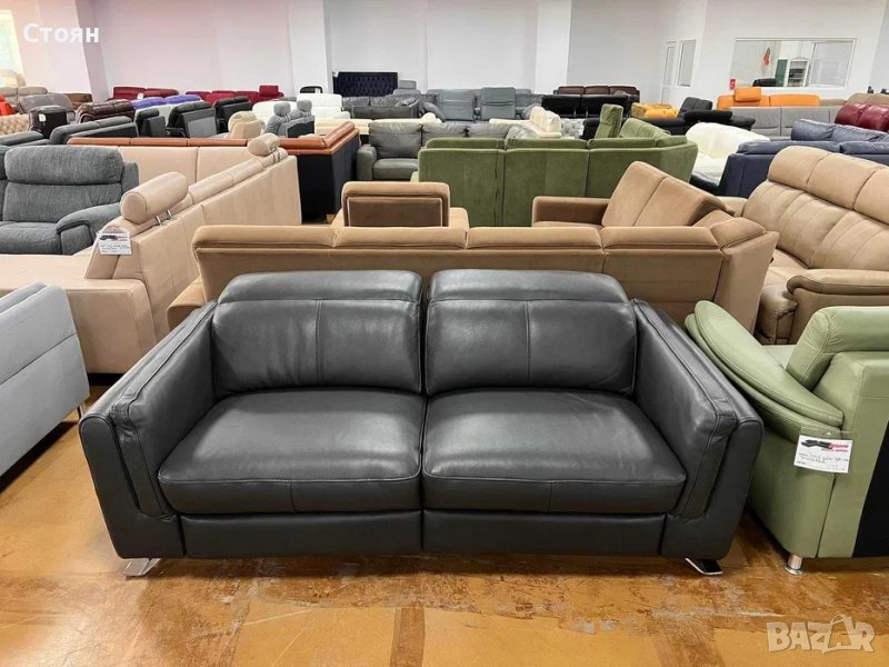 ПРОМОЦИЯ!!!Тъмно сив кожен диван тройка с електрически релакс механизъм "Sandro", снимка 1