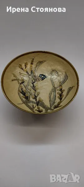 Винтидж месингова купа на столче, масивен месинг Индия. Ръчно рисувана, снимка 1