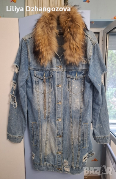 Дънково яке с яка от естествен косъм ,М размер става и за С, снимка 1