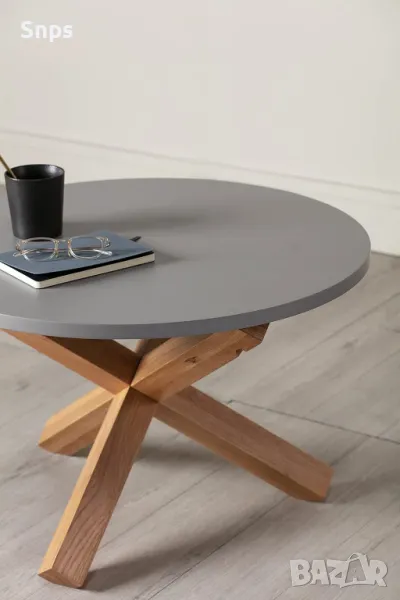 Кръгла маса 70 см, крака от естествен дъб и боядисан плот в сив цвят, снимка 1