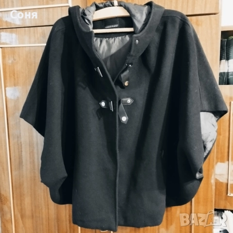 Дамско палто в черно тип пелерина с качулка, снимка 3 - Палта, манта - 52592416