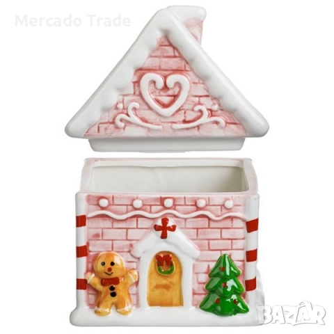 Коледен буркан за бисквитки Mercado Trade, Коледна къщичка, Розова, снимка 2 - Кутии за храна - 52457741