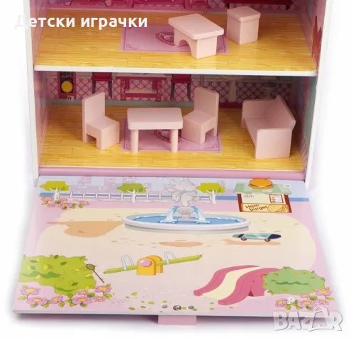 Двуетажна дървена къща за кукли с мебели, снимка 3 - Кукли - 49767352