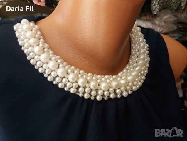 УНИКАЛНА ТЪМНОСИНЯ рокля шифон с подплата и бели перли около деколтето , снимка 2 - Рокли - 41513418