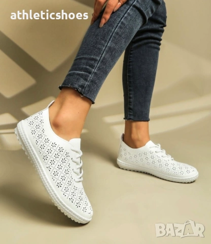 Дамски гуменки в бяло лазерно рязана еко кожа, снимка 2 - Маратонки - 53053126