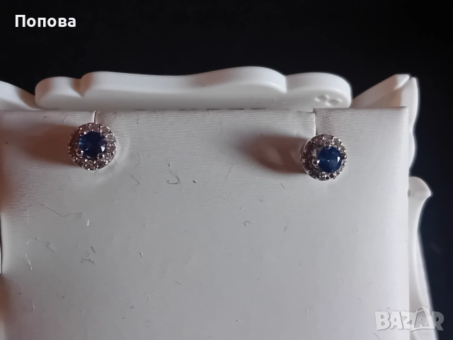 Златни обеци с естествени сапфири и диаманти /бяло злато/, снимка 9 - Обеци - 52791722