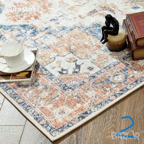 TOPICK Килимче за врата 150 x 90 см, перещ се, супер тънък, сгъваем, винтидж, с къс  косъм, ориентал, снимка 2 - Килими - 51855069