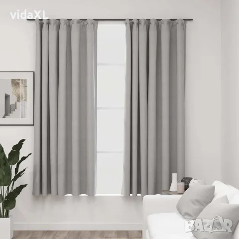 vidaXL Затъмняващи завеси с куки имитация лен 2 бр сиви 140x175 см, снимка 2 - Пердета и завеси - 56146730
