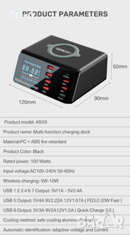 100W ASOMETECH 8-портова настолна USB зарядна станция с безжично зареждане и цифров дисплей, снимка 5 - Оригинални зарядни - 42266692
