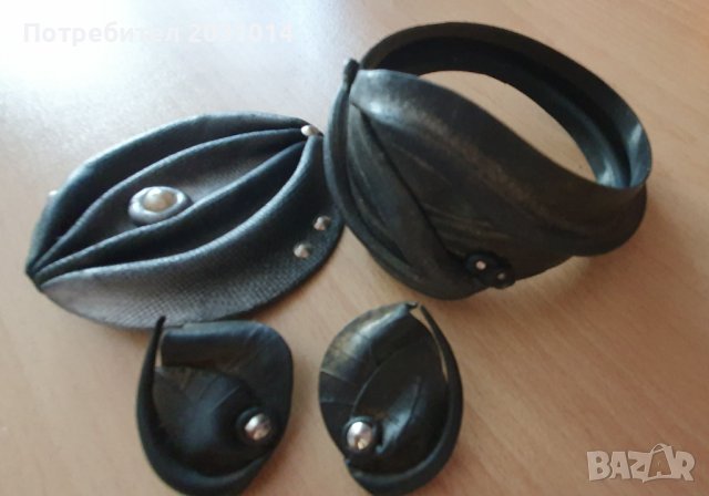 Гривна обеци и брошка от кожа уникална изработка, снимка 1