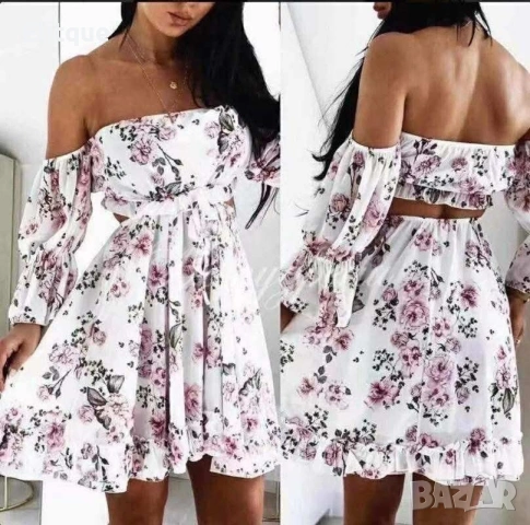 Ефирна флорална рокля с паднали ръкави, снимка 12 - Рокли - 53532622