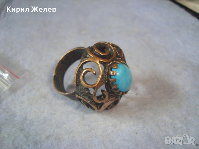 АРТ НУВО БРОНЗОВ СТИЛНО ОРНАМЕНТИРАН АЖУРЕН СКЪПОЦЕНЕН ТЮРКОАЗЕН ПРЪСТЕН 26623, снимка 4 - Антикварни и старинни предмети - 36393191