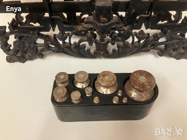 Рядък старинен кантар с тасове и тежести - 10 кг , снимка 7 - Антикварни и старинни предмети - 42447454