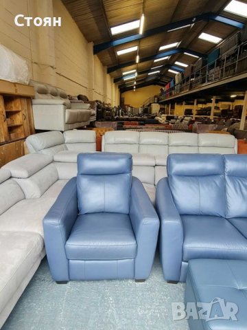  Син кожен диван тройка, два фотьойла и табуретка с ел.релакс, снимка 12 - Дивани и мека мебел - 39700994