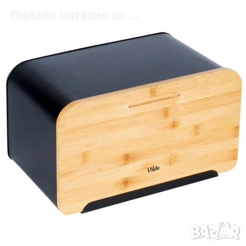 Кутия за хляб, изработена от метал, бамбукова дъска, модерен дизайн, 35x22x20,5см, черна 259613, снимка 2 - Кутии за храна - 53231133