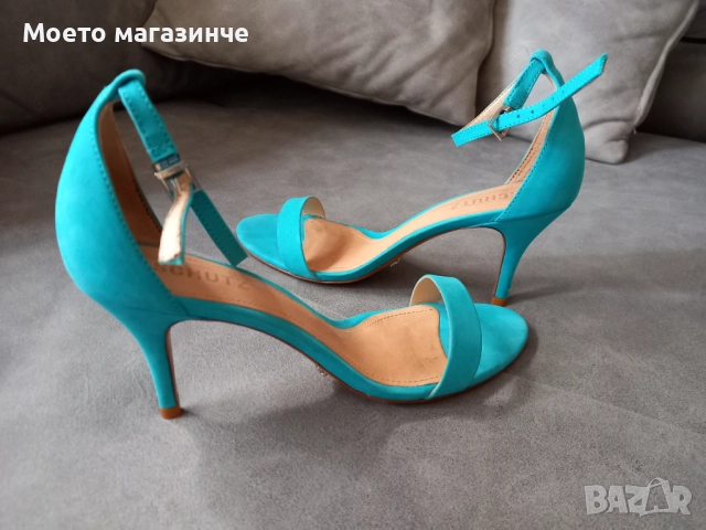 Уникални тюркоазени сандали Schutz от естествен набук - №38, снимка 2 - Дамски обувки на ток - 52070653