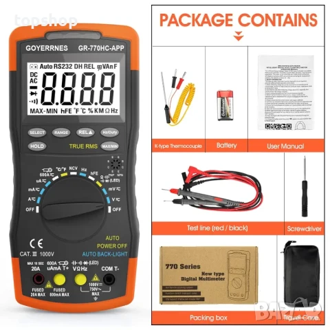 Професионален Мултиметър Мултицет GR-770HC-APP TRMS 6000Counts, 60mV~1000V, AC 60mV~750V и други, снимка 2 - Гедорета - 50493208