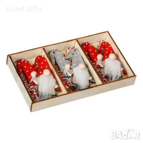 6 броя Дървени Коледни гномчета висулки за елха, 8см