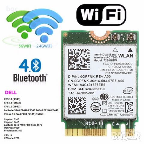 Нова Двубандова intel 7260AC Wi-Fi Карта 7260NGW за Лаптопи и Компютри Dell GPFNK 0GPFNK Bluetooth 4, снимка 1 - Части за лаптопи - 39695979