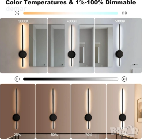 Акумулаторни LED стенни аплици с дистанционно, черни, 70 см, 2 броя, снимка 2 - Лампи за стена - 53645691