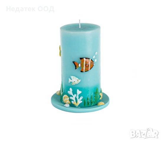  Синя свещ, с релефен дизайн на морското дъно, 7x14cm