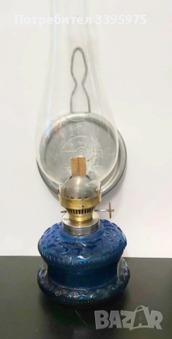 Антична керосинова лампа с кобалтово стъкло, 40-те г
