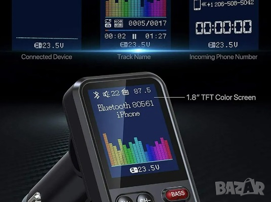 Висококачествен Луксозен FM Блутут Трансмитер за кола с дисплей Бързо зареждане ,Aux , Bass функция, снимка 3 - Други - 44605116