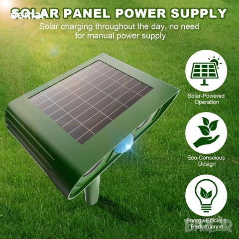 Соларен ултразвуков репелент за животни, IPX4, ефективен за катерици, котки, кучета, лисици, птици, снимка 3 - Други - 53179066