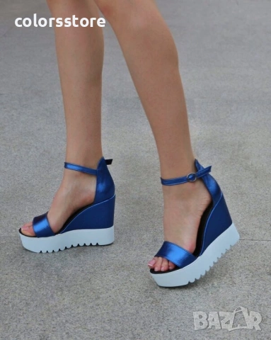 Сандали на платформа - синя кожа с бяло ходило - K200 , снимка 2 - Сандали - 32701865